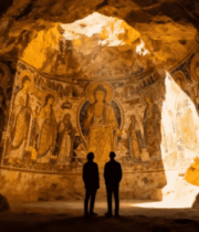 两人于洞穴内观赏壁画7061#横屏 