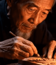 老人烛光下专注木雕283#横屏 