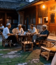 老人在四合院休闲聚会场景7676#横屏 