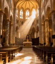 教堂内部全景与阳光洒落画面3016#横屏 