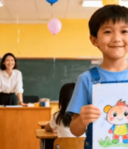 	 教室中男孩展示绘画作品12254#横屏 