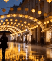 街道夜景行人与灯笼装饰 ()7670#横屏 