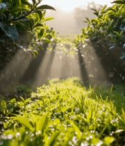 阳光照射下的茶园景象14209#横屏 