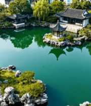 	 江南园林池塘亭台鸟瞰3025#横屏 