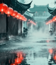 江南水乡雨中古建筑街道10875#横屏 