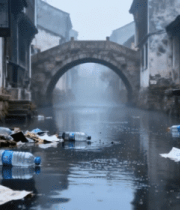 江南水乡河道垃圾漂浮景象8692#横屏 