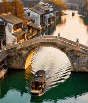 江南水乡古镇河道与石桥景象1818#横屏 