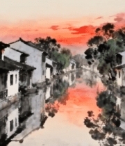 江南水乡古宅夕阳倒影景象12550#横屏 