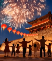 	 家庭在古城前赏烟花夜景11344#横屏 