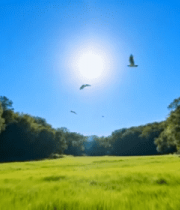 阳光草地树林飞鸟景象7214#横屏 