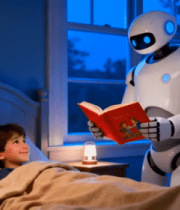 机器人给床上孩子读书场景6862#横屏 