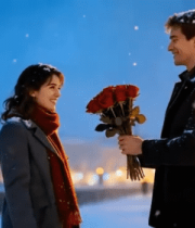 雪夜男子向女子浪漫献花13354#横屏 