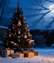 雪夜庭院圣诞树与礼物场景4173#横屏 