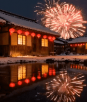 雪夜中式建筑前烟花绽放1545#横屏 
