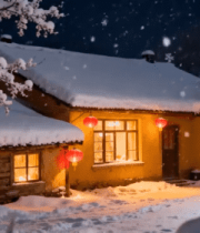 雪夜小屋挂红灯笼景象3747#横屏 