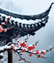 雪中古建筑旁绽放的梅花12682#横屏 