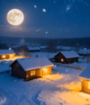 雪夜乡村木屋与满月景观3473#横屏 