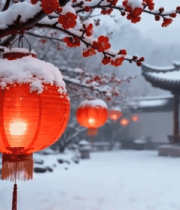 雪中古建筑与红灯笼景观1524#横屏 