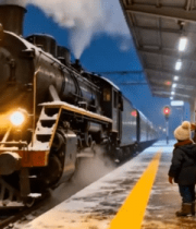 雪天火车站一家人等候火车14229#横屏 