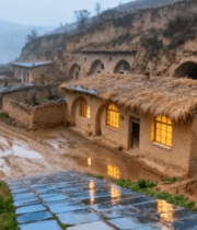 黄土高原雨后窑洞村落景象6098#横屏 