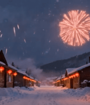 雪乡夜晚烟花与红灯笼场景9610#横屏 