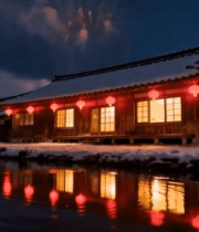 雪夜古建筑旁烟花绽放5249#横屏 