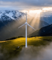 雪山下草原上的风力发电机889#横屏 