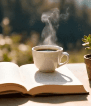 户外桌上翻开的书籍与热饮13010#横屏 