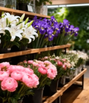 花店货架上的多彩鲜花890#横屏 