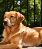 户外休憩的金毛犬12976#横屏 