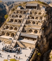 黄土高原崖壁古建筑全景13984#横屏 