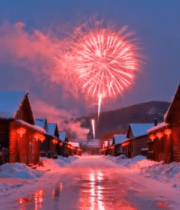 雪乡夜景烟花与红灯笼6287#横屏 