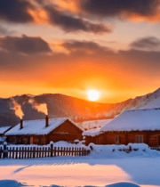 雪乡村落夕阳雪景风光4680#横屏 