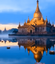 黄昏水边佛塔与漂浮河灯5002#横屏 