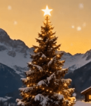 雪山下的圣诞树立于小屋旁14659#横屏 