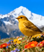 雪山下花丛中的黄色小鸟(1)12803#横屏 