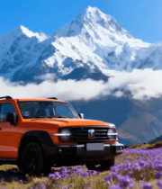 雪山下花海中的橙色越野车4704#横屏 