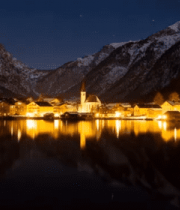 雪山下湖畔小镇夜景8734#横屏 