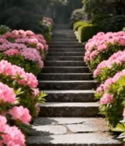 花园中石阶旁盛开的粉色鲜花10240#横屏 