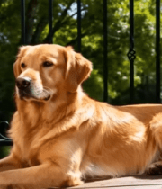 户外休憩的金毛犬12976#横屏 