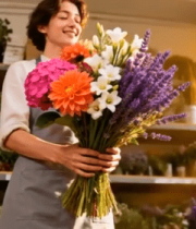 花店女性手持花束7845#横屏 