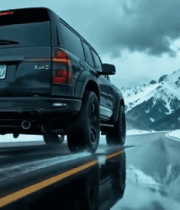 雪山公路上行驶的黑色13174#横屏 