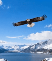 雪山湖泊上空翱翔的白头鹰14810#横屏 