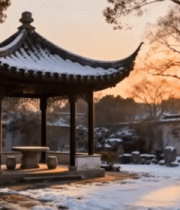 雪后园林中式亭子日落景观9649#横屏 