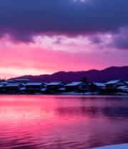 	 湖畔雪景日落美景9059#横屏 