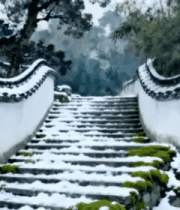 雪景中式园林圆门台阶景观14168#横屏 