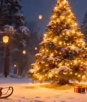 雪地中圣诞树与雪橇礼物场景14988#横屏 