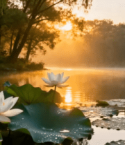 湖畔荷花日出景象5190#横屏 