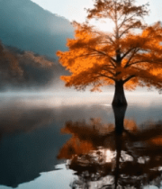 湖畔秋日单棵树木自然风光7858#横屏 