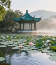 	 湖畔荷景中式凉亭自然风光13503#横屏 